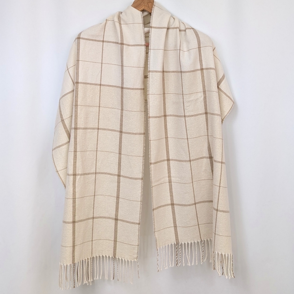 Eileen Fisher Wrap Scarf Oversized Windowpane Plaid Fringed Metallic Gold Cream